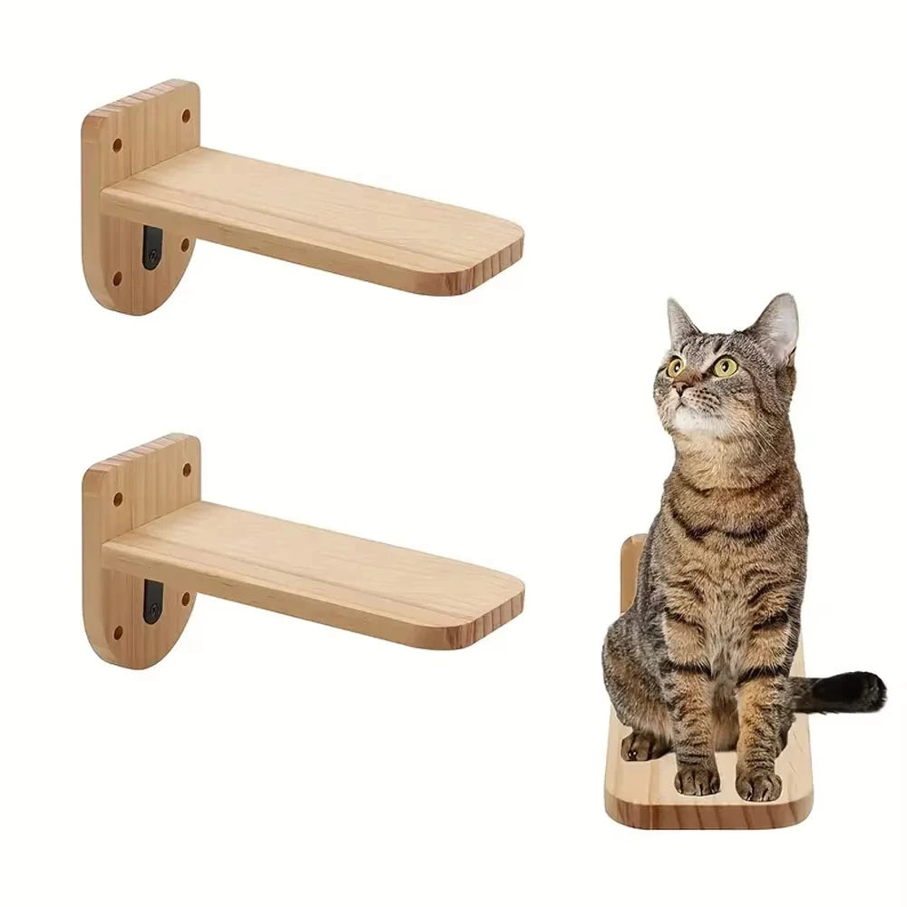 Two solid wood floating cat steps with a cat sitting on one
