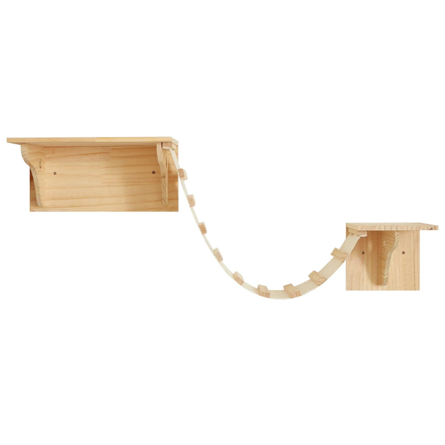 Cat wall shelf set with hanging bridge, solid pine, front view