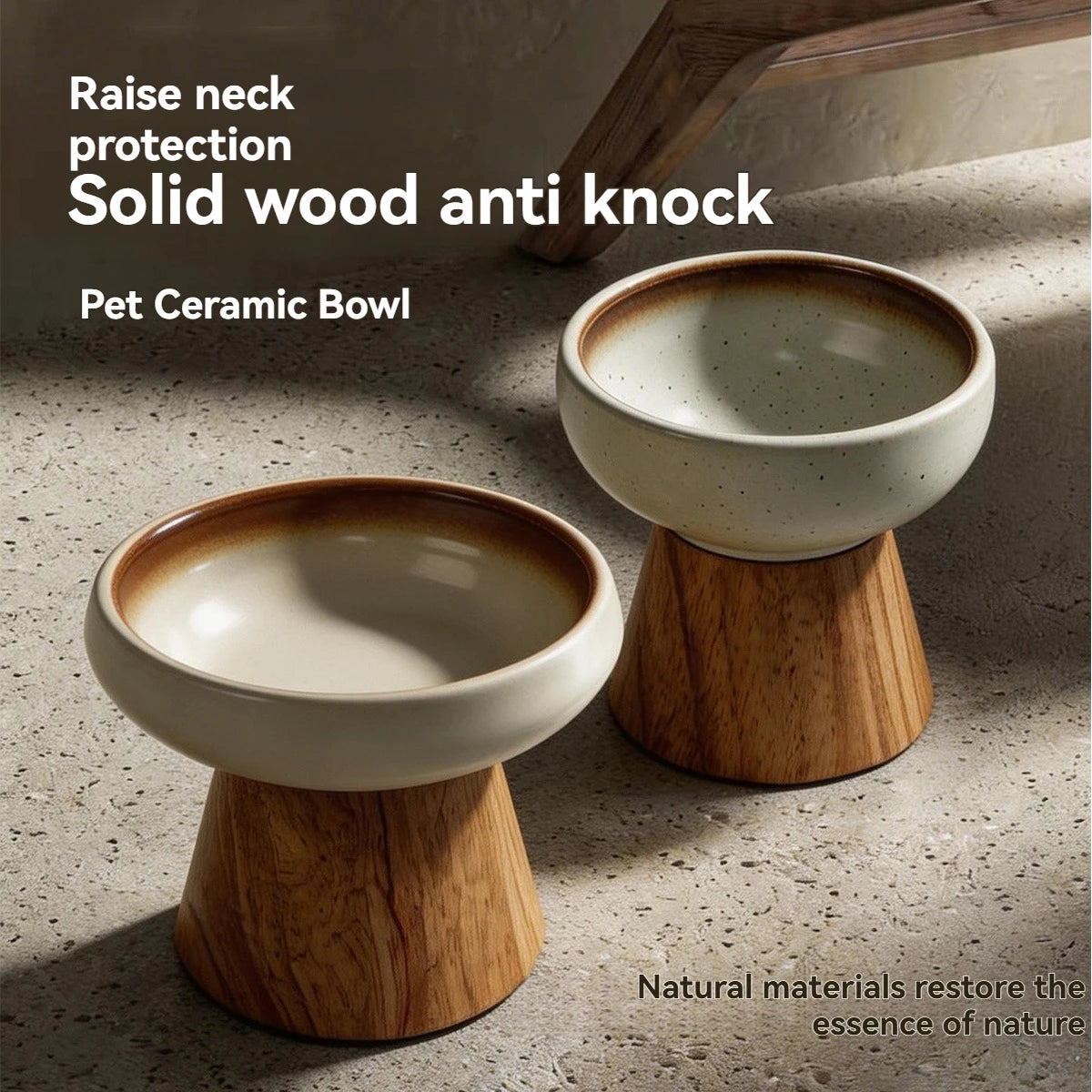 Ceramic Cat Bowl on a Wood Base