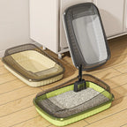Semi enclosed litter boxes in three colours with scoop