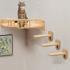 Corner cat wall shelf with guard rail and three climbing steps, cat sitting on the platform