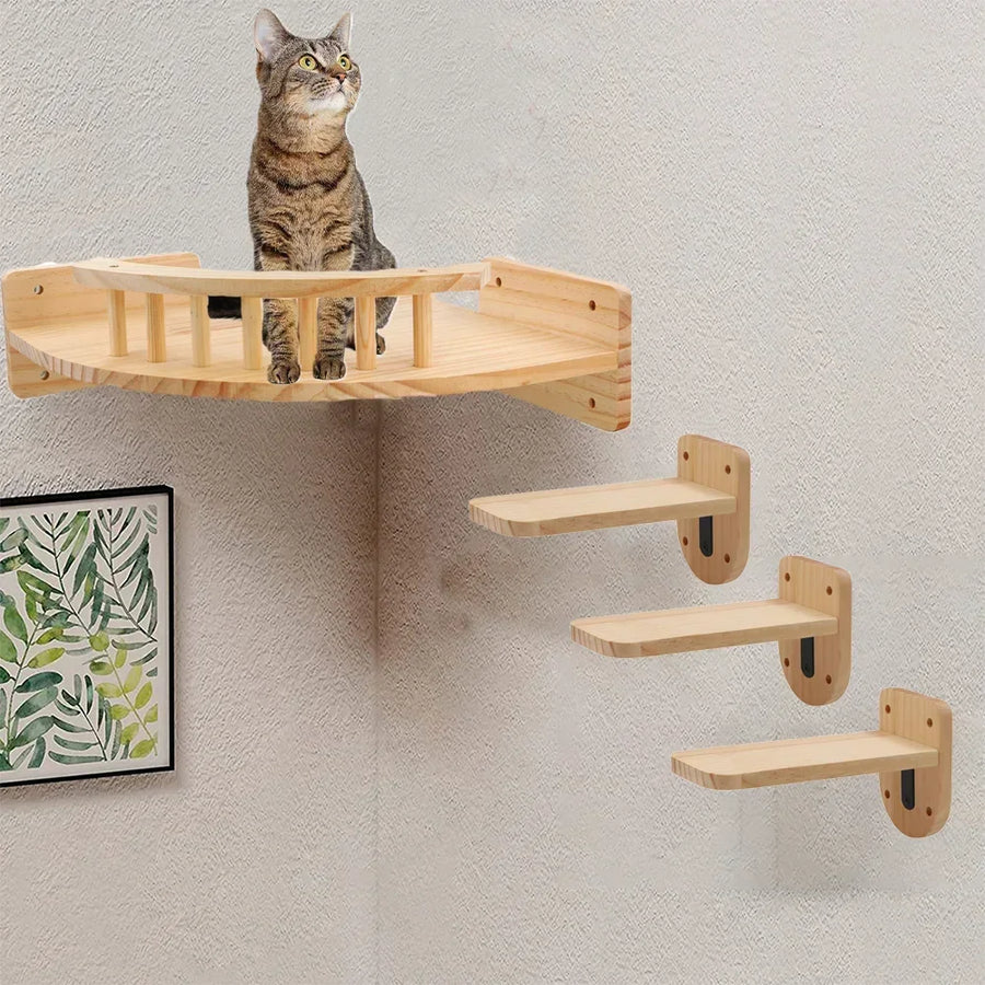 Corner cat wall shelf with guard rail and three climbing steps, cat sitting on the platform