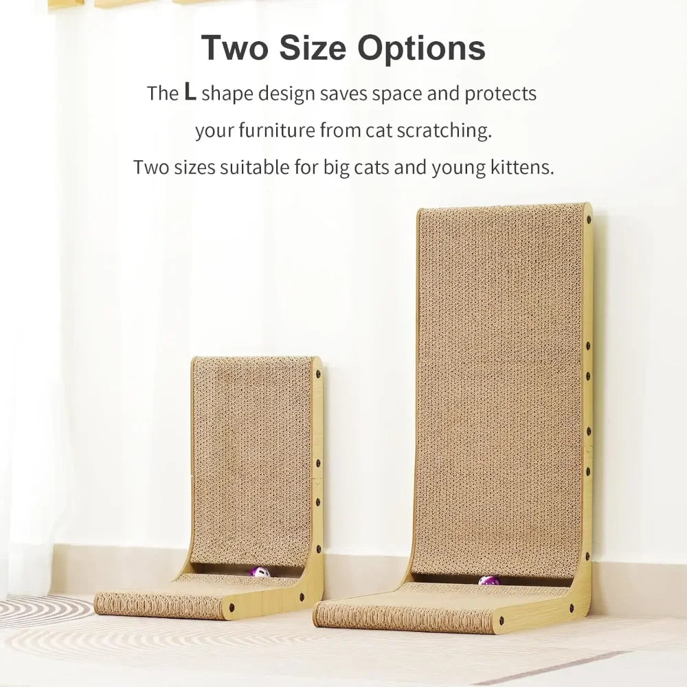 L shaped cardboard cat scratcher against a sofa