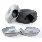 Felt cat cave shown closed and unzipped flat into two mats