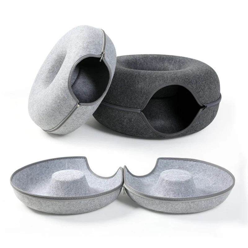 Felt cat cave shown closed and unzipped flat into two mats