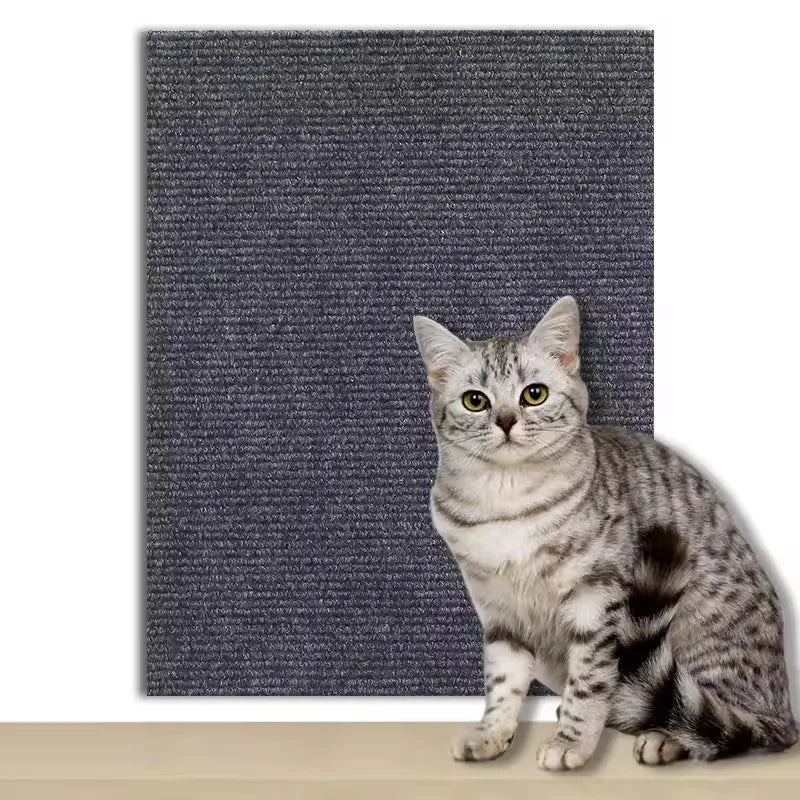 Self adhesive cat scratching carpet panel with a cat beside it