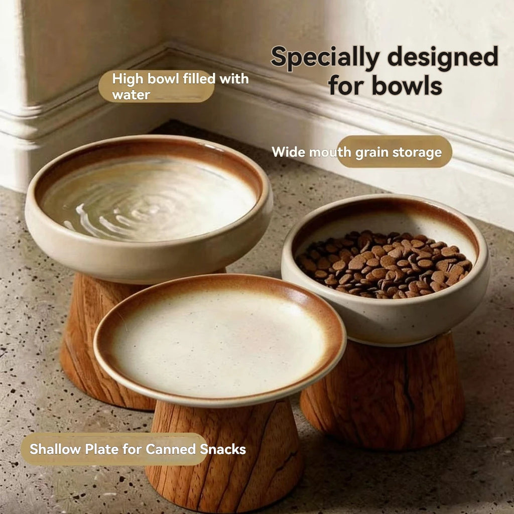 Ceramic Cat Bowl on a Wood Base