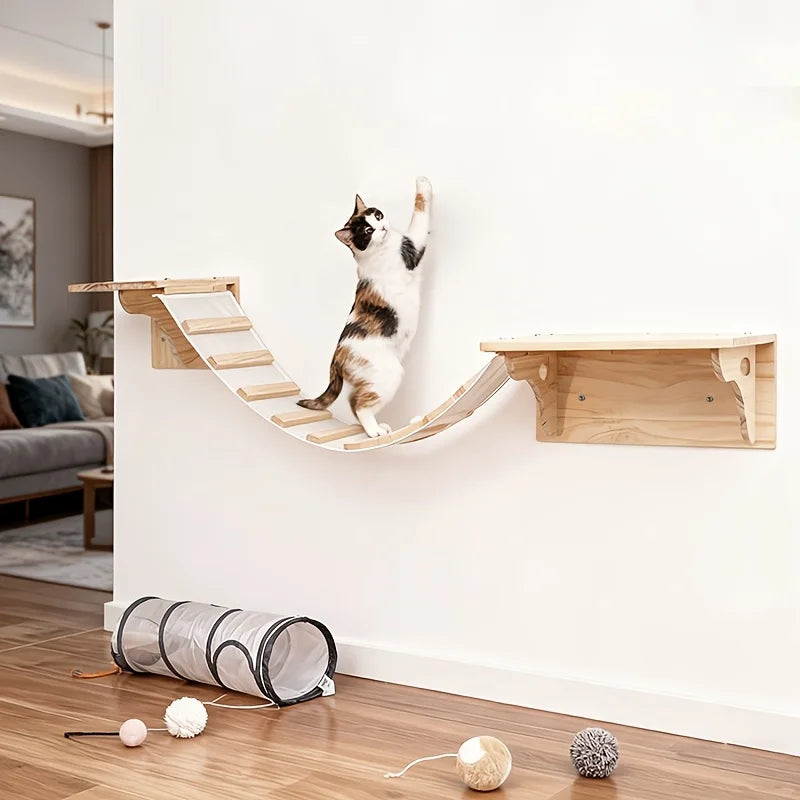 Cat climbing the canvas and slat walkway between two wall shelves