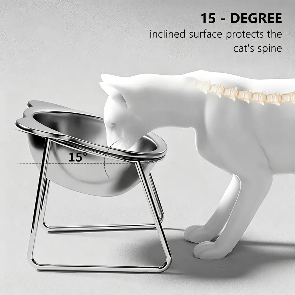 Raised stainless steel cat bowl on a wire stand