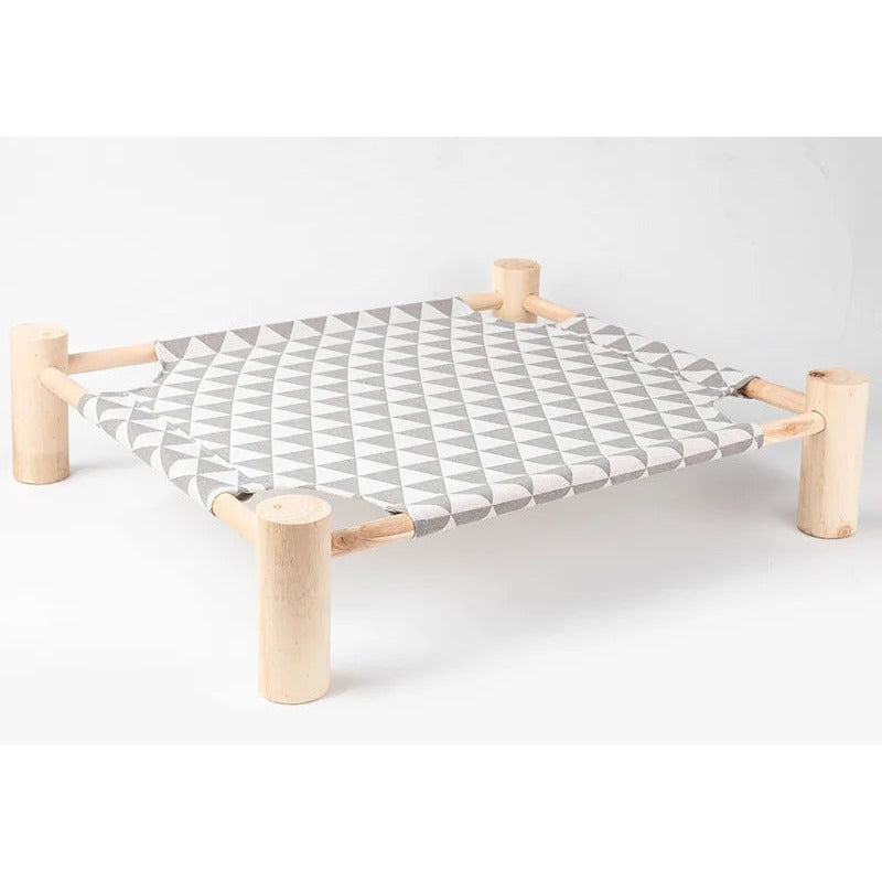 Raised cat bed with grey triangle canvas on a solid wood frame
