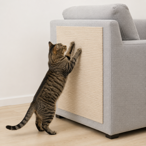 Tabby cat scratching a beige carpet scratch panel fixed to the side of a grey sofa