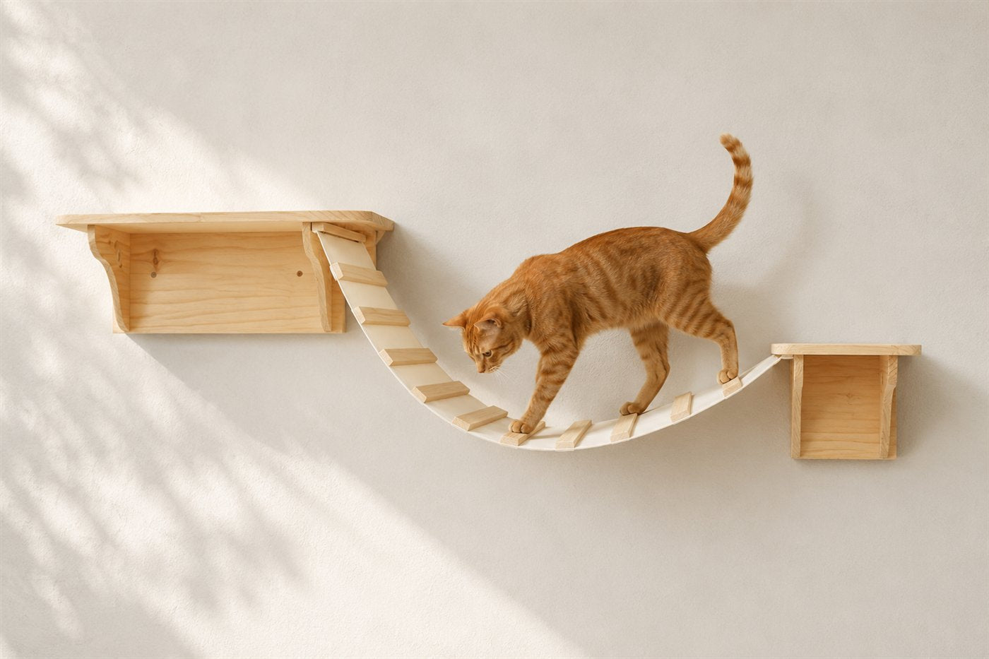 Cat walking across the hanging bridge between two solid pine wall shelves